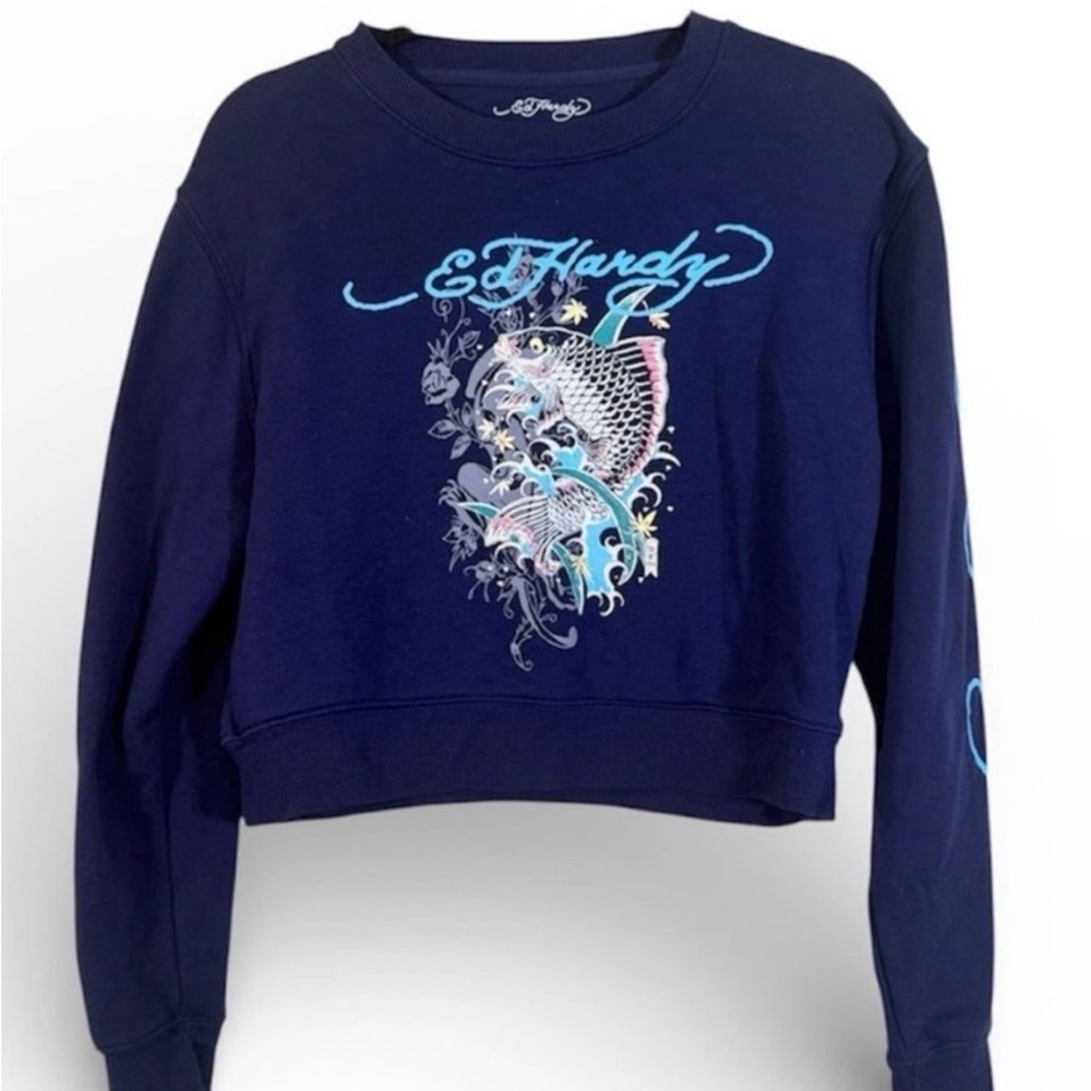 Ed Hardy Navy Cropped Sweatshirt with Aqua Koi Graphic